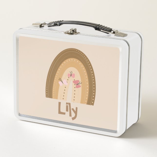 Cute Rainbows  Butterflies Pink Brown Bohemian  Metal Lunch Box (Front)