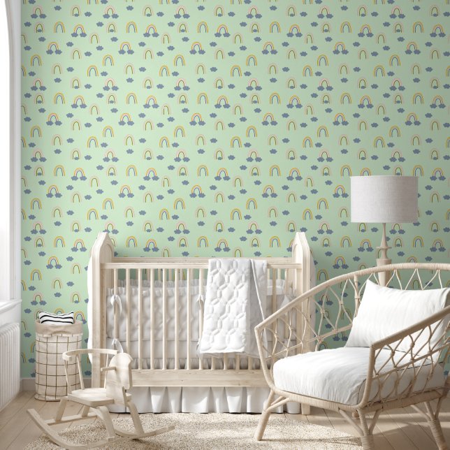 Cute Rainbows & Clouds Pale Green Baby Nursery Wallpaper (Kids)