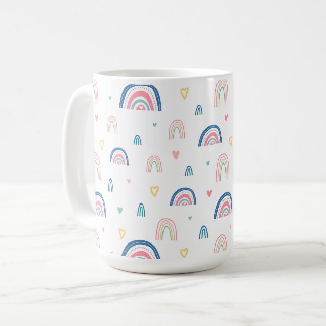 Cute Rainbows & Hearts Pattern Coffee Mug (Front Left)