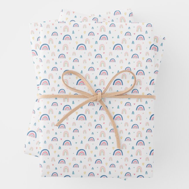 Cute Rainbows & Hearts Pattern Wrapping Paper Sheet (In situ)