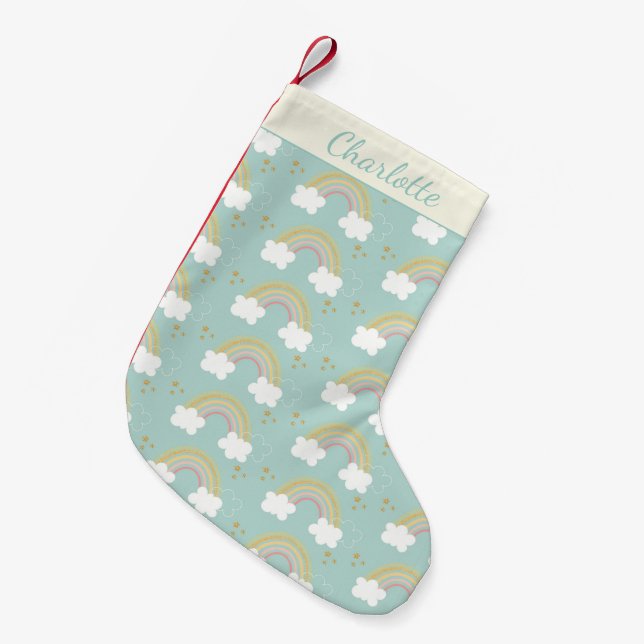 Cute Rainbows in Blue Gold Glitter Personalised Small Christmas Stocking (Front (Hanging))