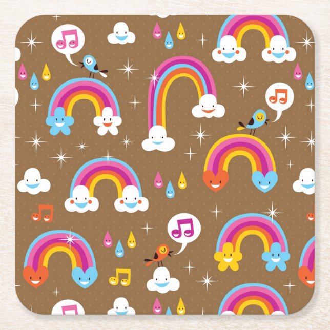 cute rainbows pattern square paper coaster (Front)