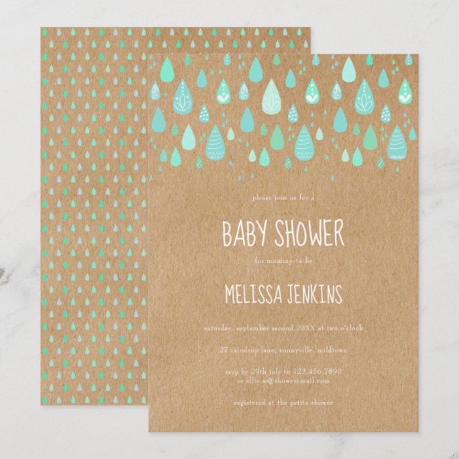 Cute Raindrops Baby Shower Rustic Kraft Boho Invitation (Front/Back)