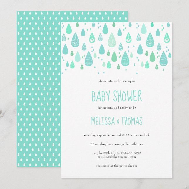Cute Raindrops Couples Baby Shower / Sprinkle Invitation (Front/Back)