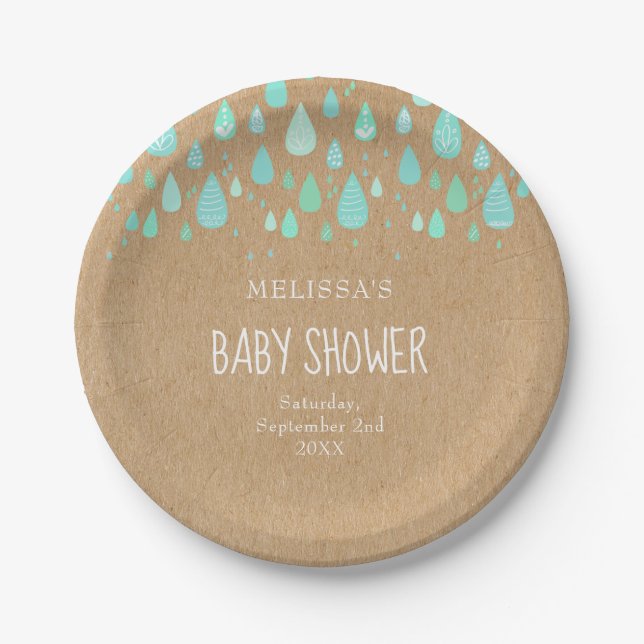 Cute Raindrops Couples Baby Shower/Sprinkle Rustic Paper Plate (Front)
