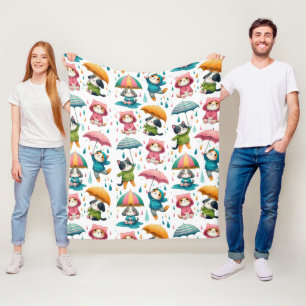 Cute Raining Cats and Dogs with Umbrellas Fleece Blanket