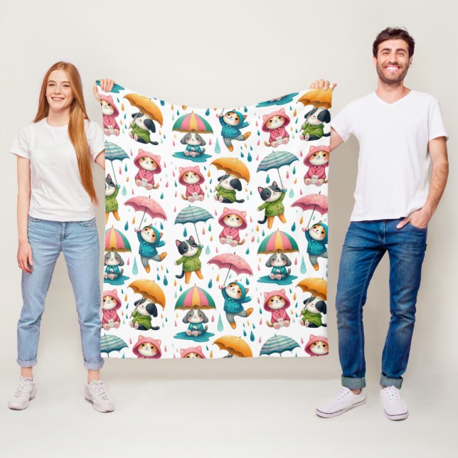 Cute Raining Cats and Dogs with Umbrellas Fleece Blanket (In Situ)