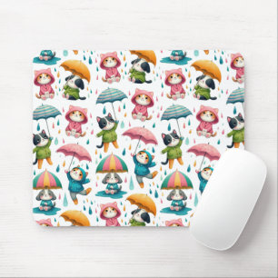 Cute Raining Cats and Dogs with Umbrellas Mouse Mat