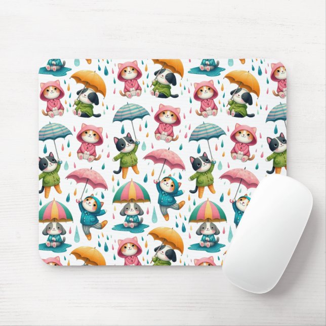 Cute Raining Cats and Dogs with Umbrellas Mouse Mat (With Mouse)