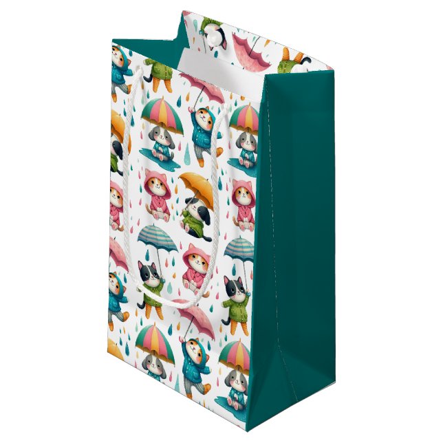 Cute Raining Cats and Dogs with Umbrellas Small Gift Bag (Front Angled)