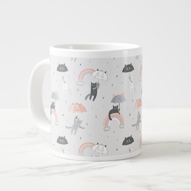 Cute Raining Cats Pattern Large Coffee Mug (Front Left)