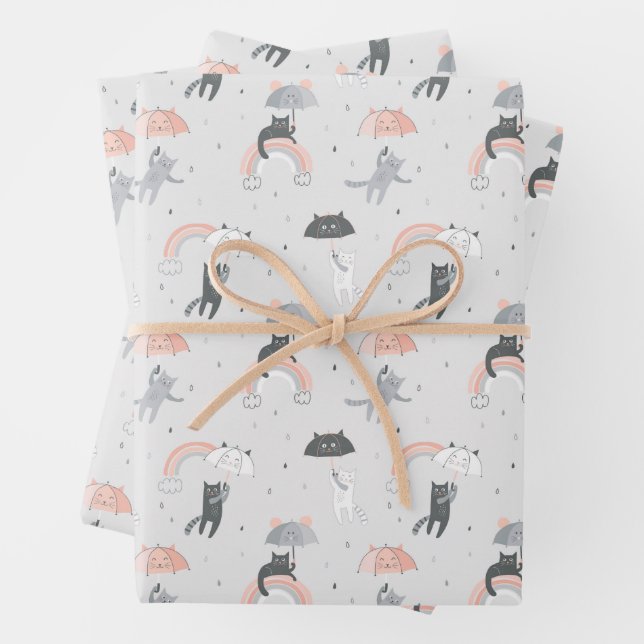Cute Raining Cats Pattern Wrapping Paper Sheet (In situ)