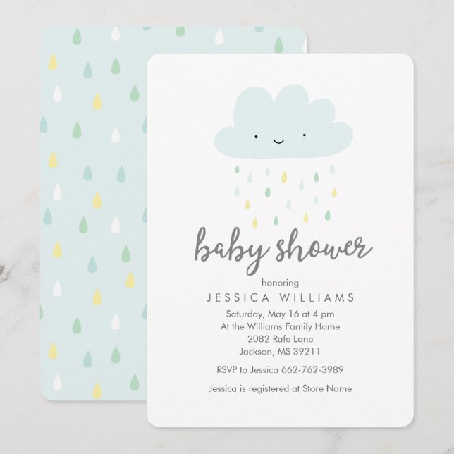 Cute Rainy Cloud Baby Shower Invitation in Blue (Front/Back)