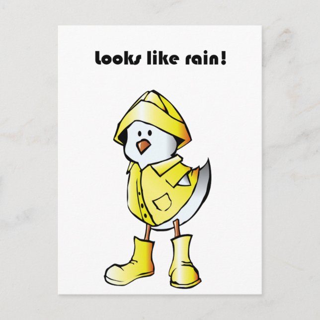 Cute Rainy Day Chick – “Looks Like Rain” Cartoon Postcard (Front)