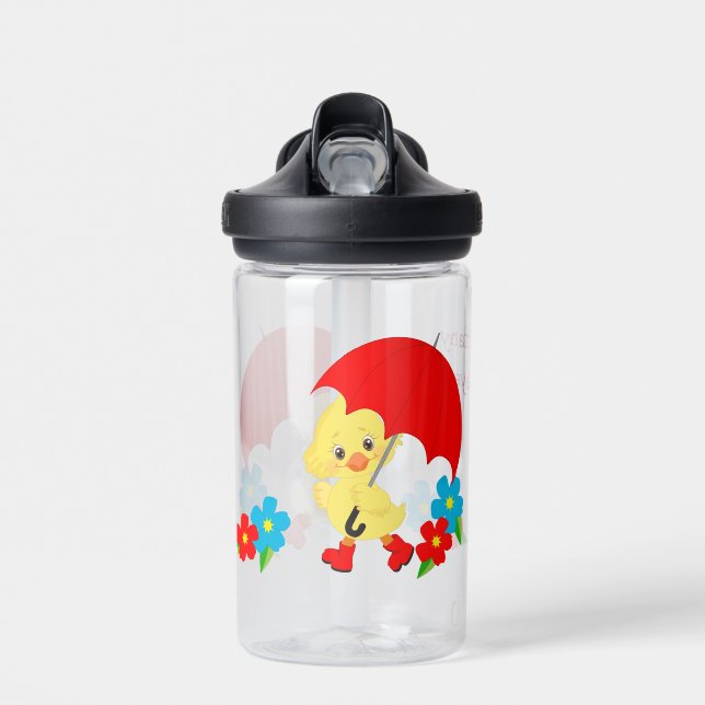 Cute Rainy Day Yellow Duck Flowers Kid's Water Bottle (Front)