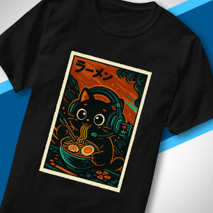 Cute Ramen Cat Headphones Retro Japanese Music T-Shirt