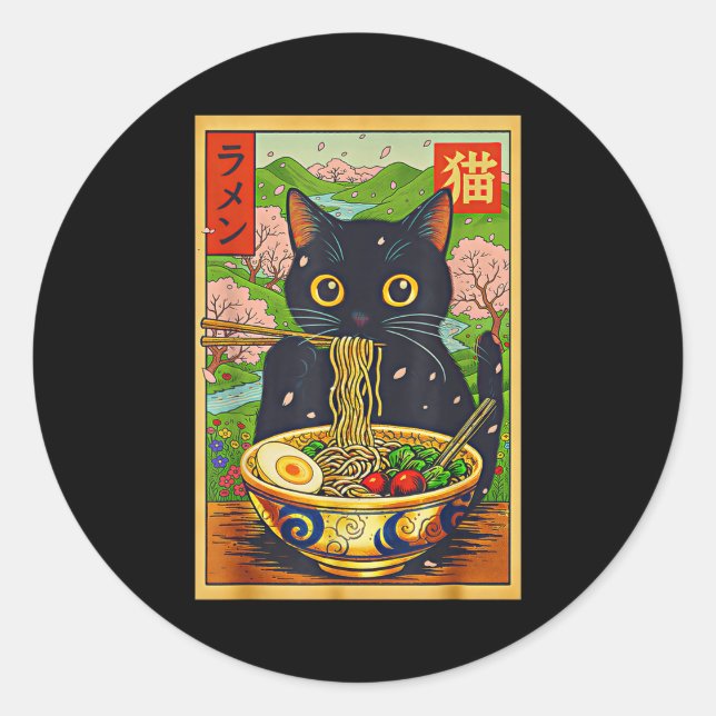 Cute Ramen Cat Nature Flowers Noodle Anime  Classic Round Sticker (Front)