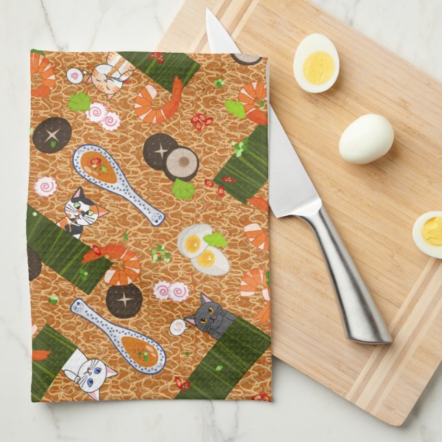 Cute Ramen Cats Tea Towel (Quarter Fold)