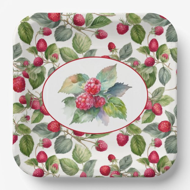 Cute Raspberries Watercolor Paper Plate (Front)
