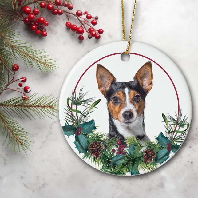 Cute Rat Terrier Evergreen Berry Wreath Ceramic Tree Decoration (Creator Uploaded)
