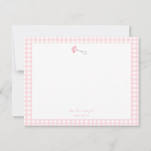 Cute Rattle with pink Gingham Border Baby girl  Thank You Card