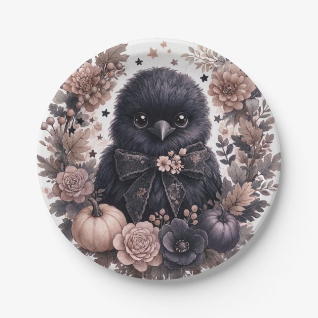 Cute Raven Halloween Paper Plates (Front)