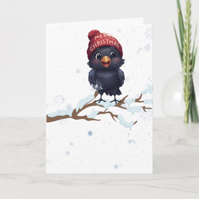 Cute Raven in a Christmas Beanie  Holiday Card (Front)