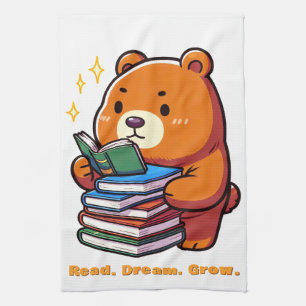 Cute Reading Bear with Books Kawaii Tea Towel