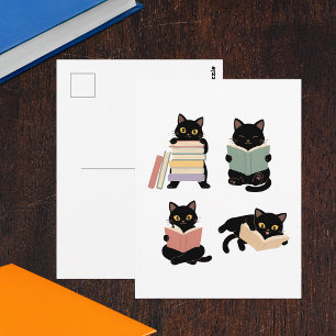 Cute Reading Bookworm Black Cats Postcard