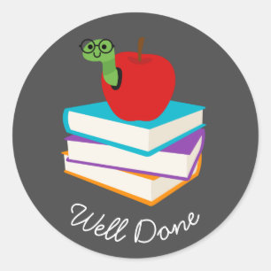 Cute reading bookworm well done teaching classic round sticker