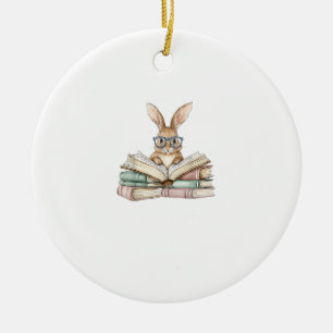 Cute Reading Bunny Glasses Books Bookworm Reader T Ceramic Tree Decoration