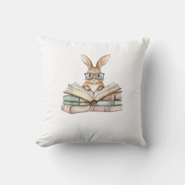 Cute Reading Bunny Glasses Books Bookworm Reader T Cushion (Front)
