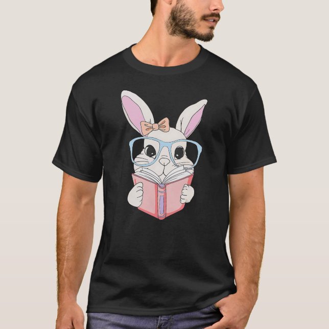 Cute Reading Bunny Rabbit With Glasses Boy Girl Ea T-Shirt (Front)
