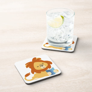 Cute Reading Cartoon Lion Coasters Set