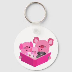 Cute Reading Cartoon Pig Family Keychain