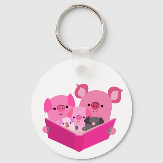 Cute Reading Cartoon Pig Family Keychain (Front)