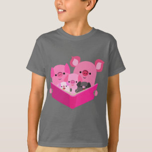 Cute Reading Cartoon Pig Family Kids T-Shirt