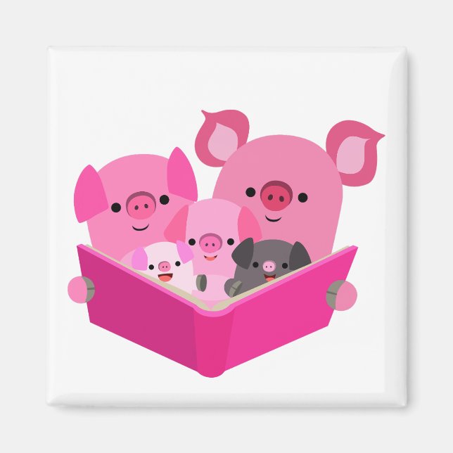 Cute Reading Cartoon Pig Family Magnet (Front)
