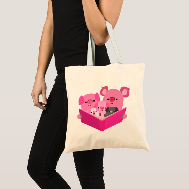 Cute Reading Cartoon Pig Family Tote Bag (Front (Product))