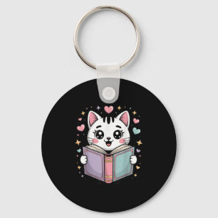 Cute Reading Cat Book Lover Teacher Librarian Book Key Ring