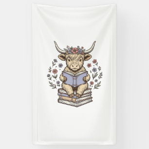Cute Reading Cow Floral Book Stack Vintage Design_ Banner