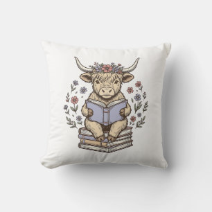 Cute Reading Cow Floral Book Stack Vintage Design_ Cushion