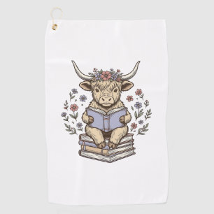 Cute Reading Cow Floral Book Stack Vintage Design_ Golf Towel