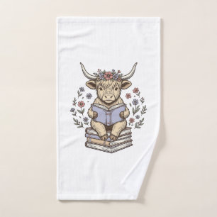 Cute Reading Cow Floral Book Stack Vintage Design_ Hand Towel