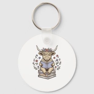 Cute Reading Cow Floral Book Stack Vintage Design_ Key Ring