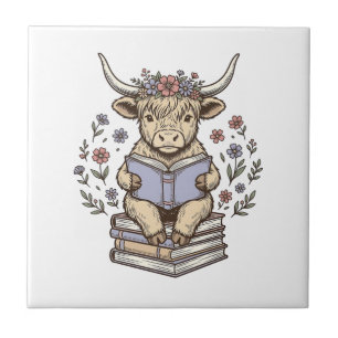 Cute Reading Cow Floral Book Stack Vintage Design_ Tile