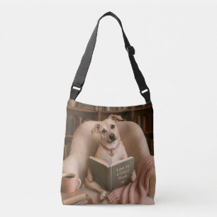 Cute Reading Dog Watercolor Library Illustration Crossbody Bag