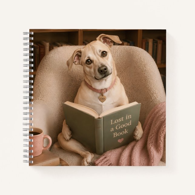 Cute Reading Dog Watercolor Library Illustration Notebook (Front)