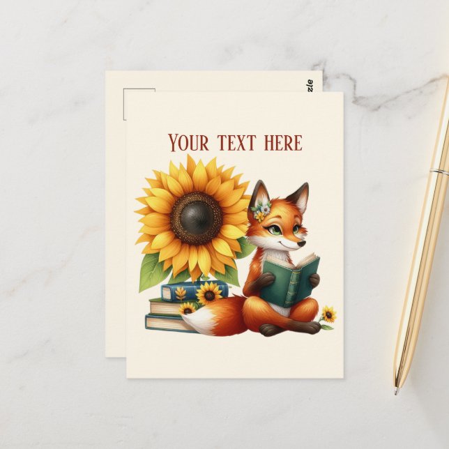Cute reading fox customizable postcard (Front/Back In Situ)