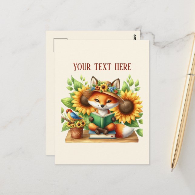 Cute reading fox customizable  postcard (Front/Back In Situ)